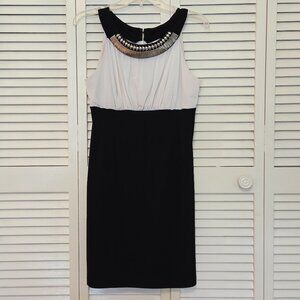 Black and White Grecian Style Cocktail Dress with Silver Beaded Neckline - 6P
